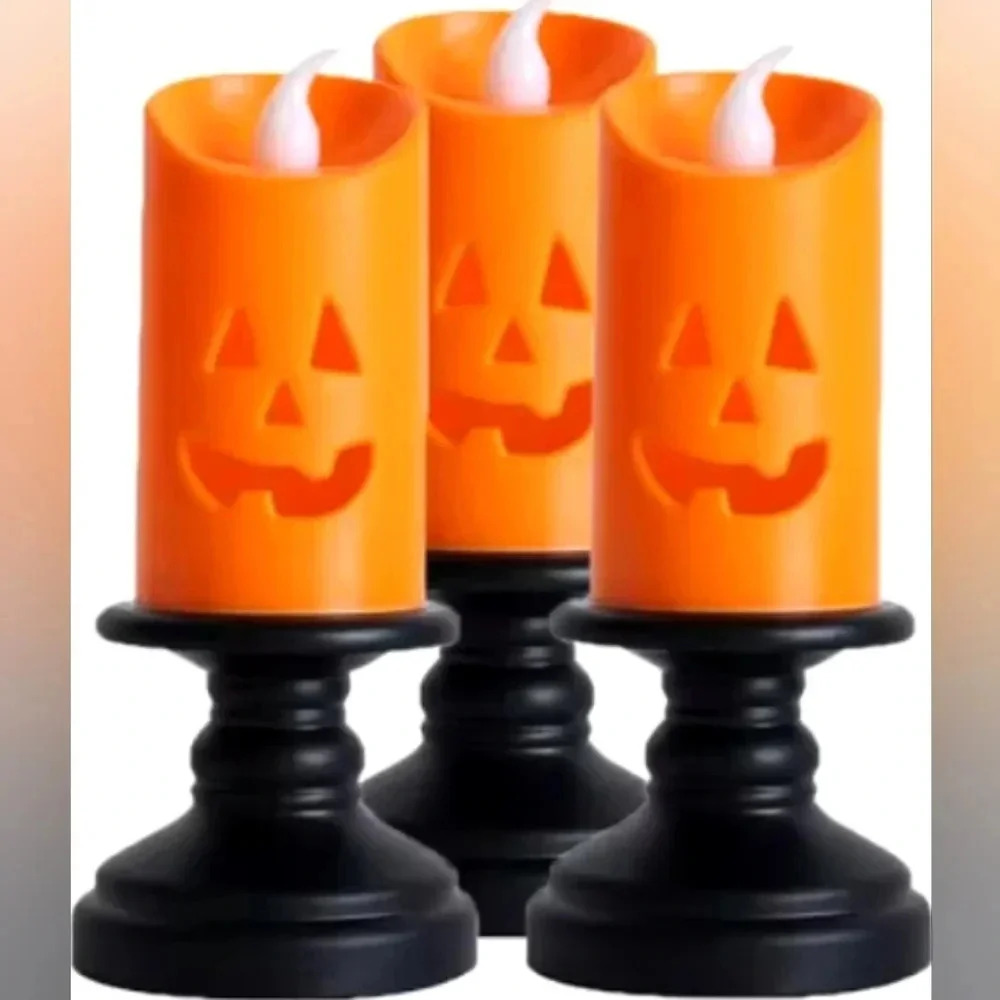 Mini LED Plastic Color Changing Jack-O-Lantern Pillar Candle 5" x 2"‎ Set Of 6